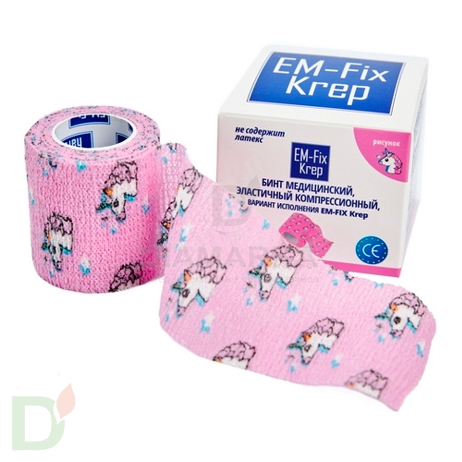 Бинт самофиксирующийся EM-Fix krep Розовый с единорогом, 5см*4,5м в Саратове